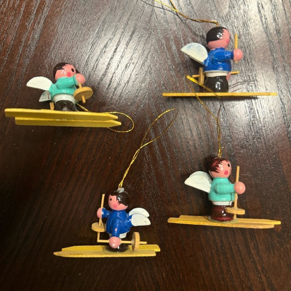 Vintage Miniature Handcrafted Wooden Angels Christmas Ornaments Set of 4